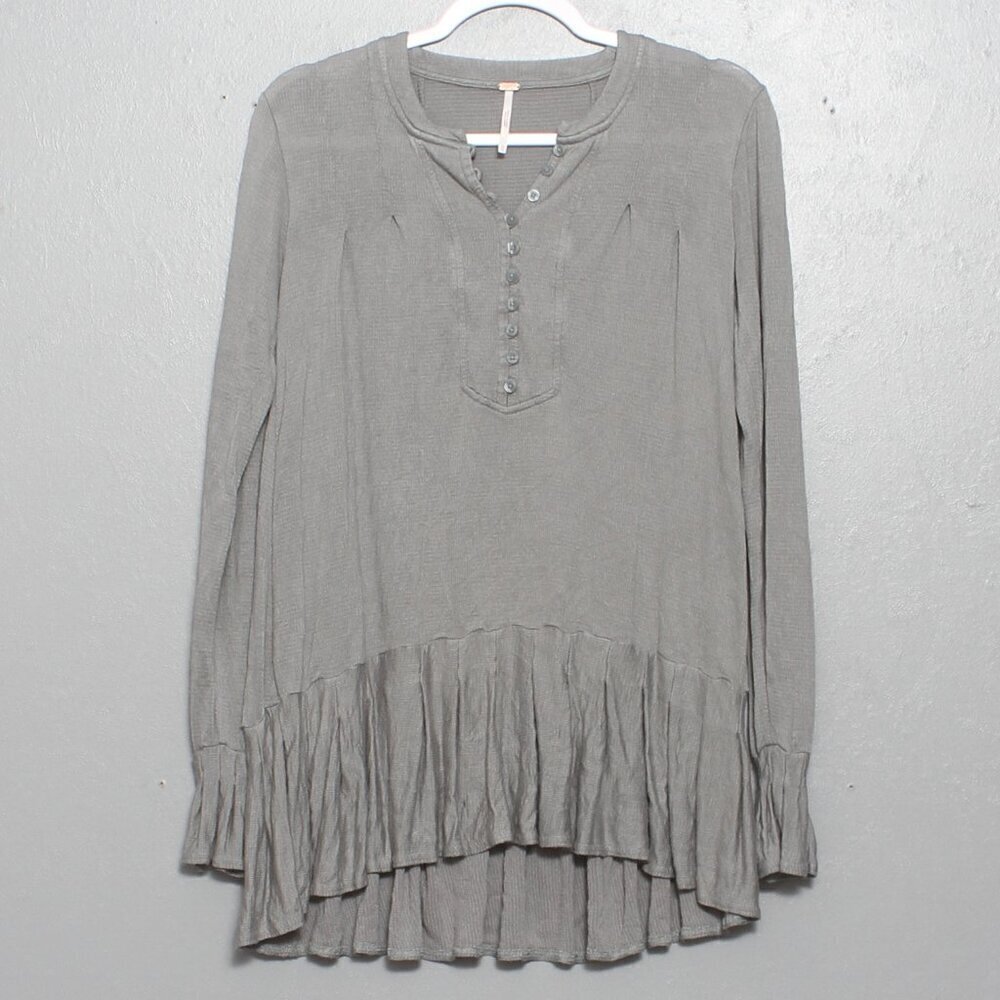 FREE PEOPLE YOUR GIRL gray RUFFLE TUNIC LONG SLEEVE TOP